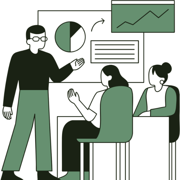 A business presentation scene with a speaker discussing graphs and data to an engaged audience in a modern office setting