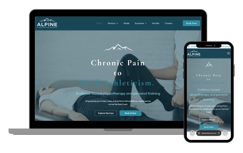 Alpine Rehab and Performance website homepage showing optimized desktop and mobile responsive mockup views.