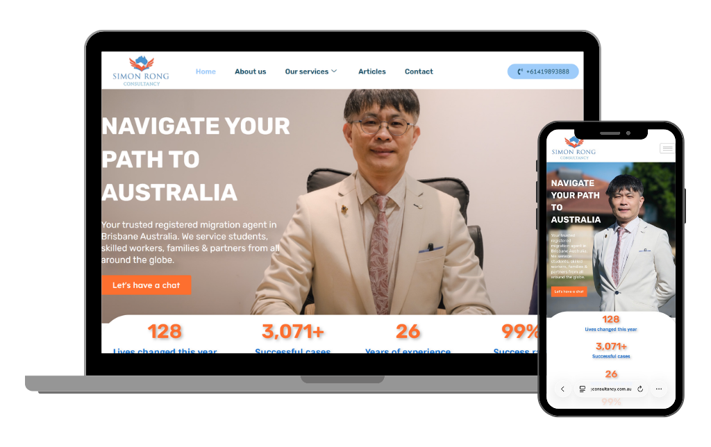 Simon Rong Consultancy website homepage showing optimized desktop and mobile responsive mockup views.